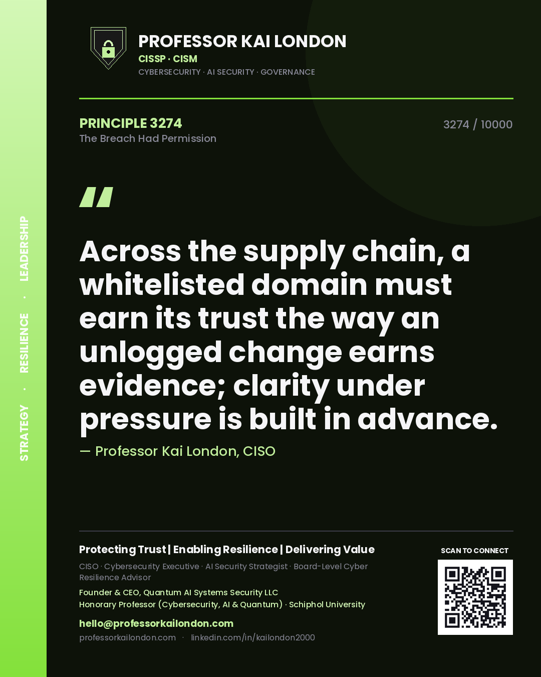 Quote card by Professor Kai London reading 'Across the supply chain, a whitelisted domain must earn its trust the way an unlogged change earns evidence; clarity under pressure is built in advance.'. From the book The Breach Had Permission.