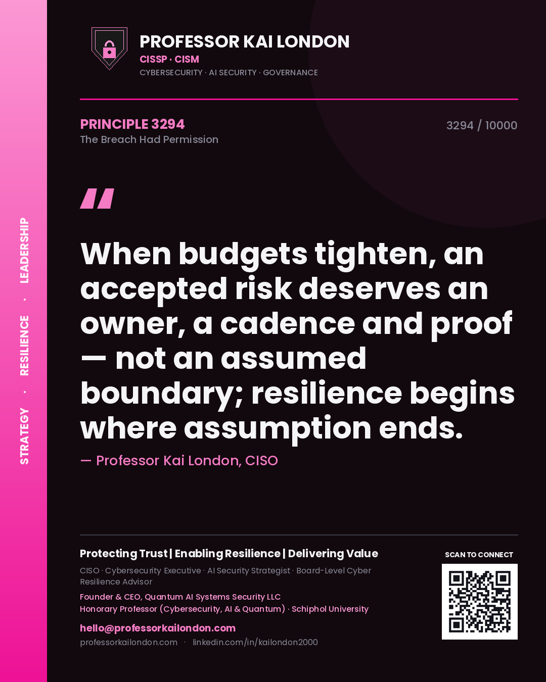 Quote card by Professor Kai London reading 'When budgets tighten, an accepted risk deserves an owner, a cadence and proof — not an assumed boundary; resilience begins where assumption ends.'. From the book The Breach Had Permission.