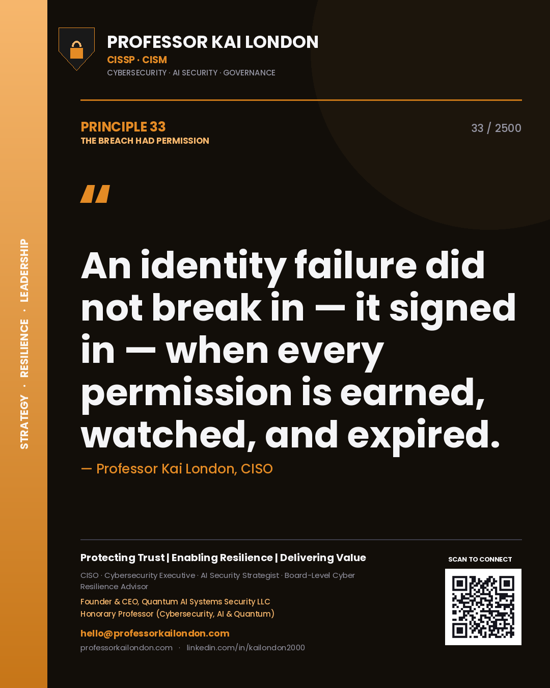 Professor Kai London principle 33: An identity failure did not break in — it signed in — when every permission is earned, watched, and expired.
