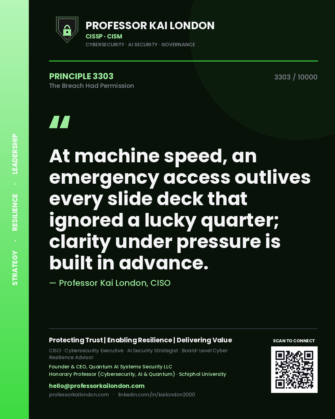 Professor Kai London principle 3303: At machine speed, an emergency access outlives every slide deck that ignored a lucky quarter; clarity under pressure is built in advance.