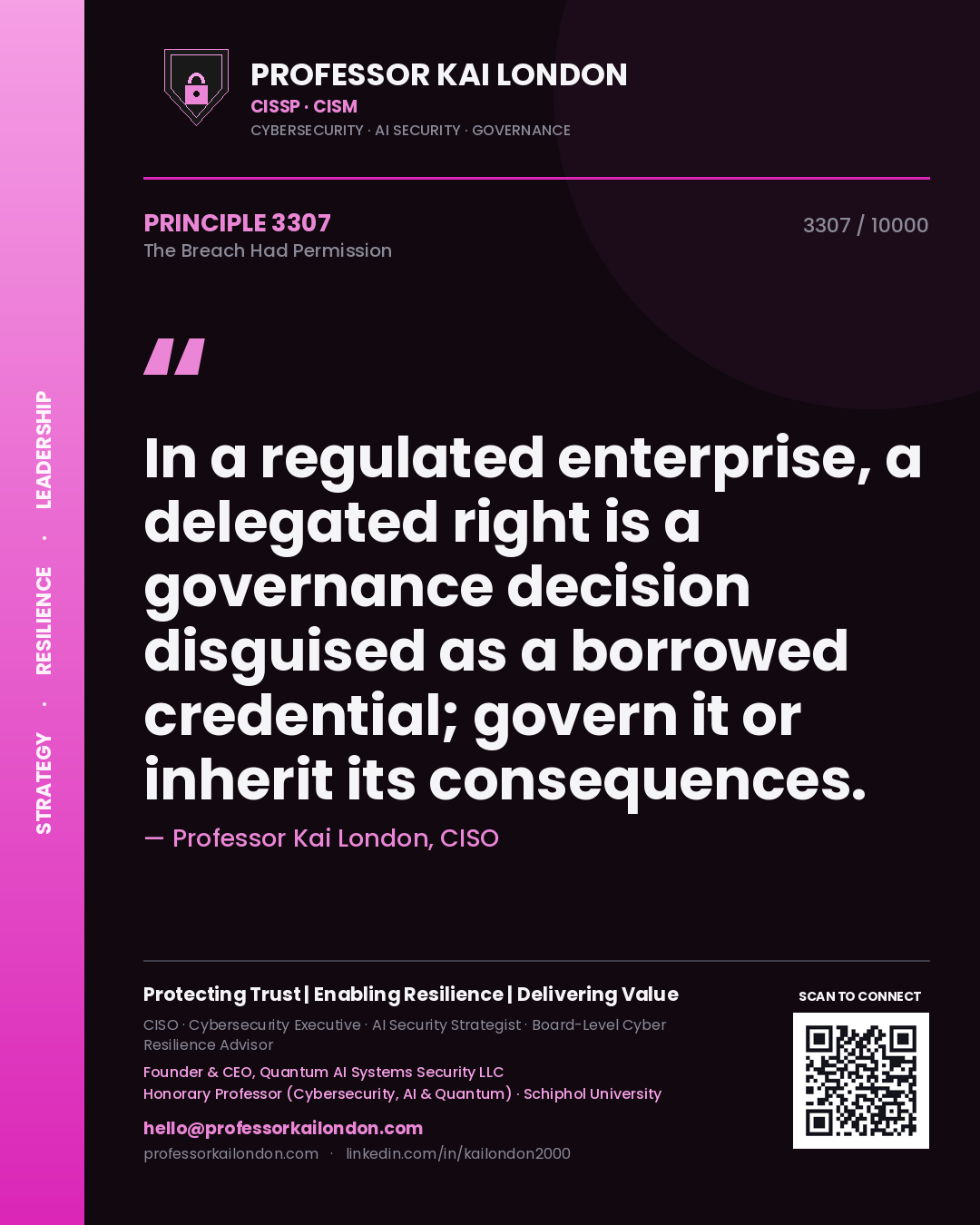 Quote card by Professor Kai London reading 'In a regulated enterprise, a delegated right is a governance decision disguised as a borrowed credential; govern it or inherit its consequences.'. From the book The Breach Had Permission.