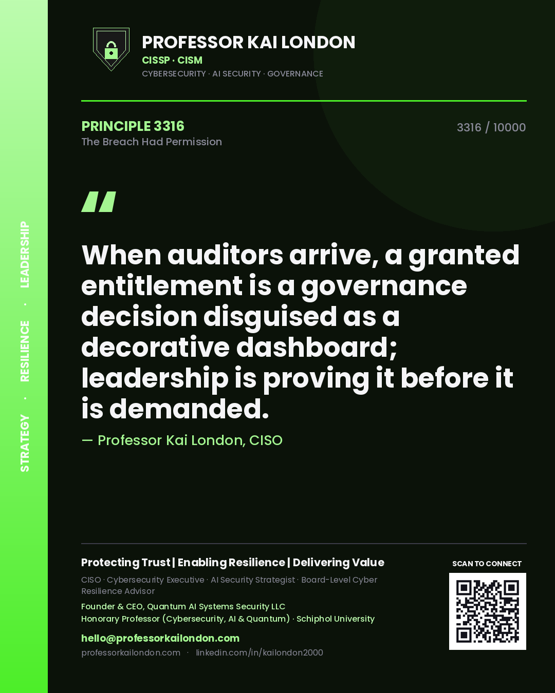 Quote card by Professor Kai London reading 'When auditors arrive, a granted entitlement is a governance decision disguised as a decorative dashboard; leadership is proving it before it is demanded.'. From the book The Breach Had Permission.