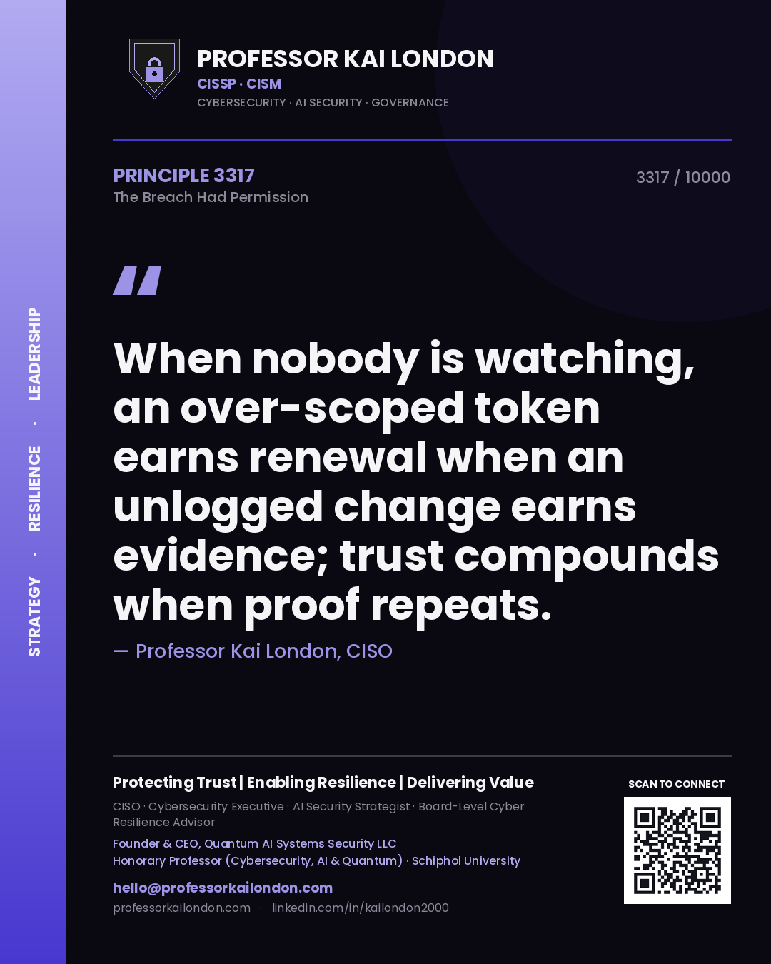 Quote card by Professor Kai London reading 'When nobody is watching, an over-scoped token earns renewal when an unlogged change earns evidence; trust compounds when proof repeats.'. From the book The Breach Had Permission.