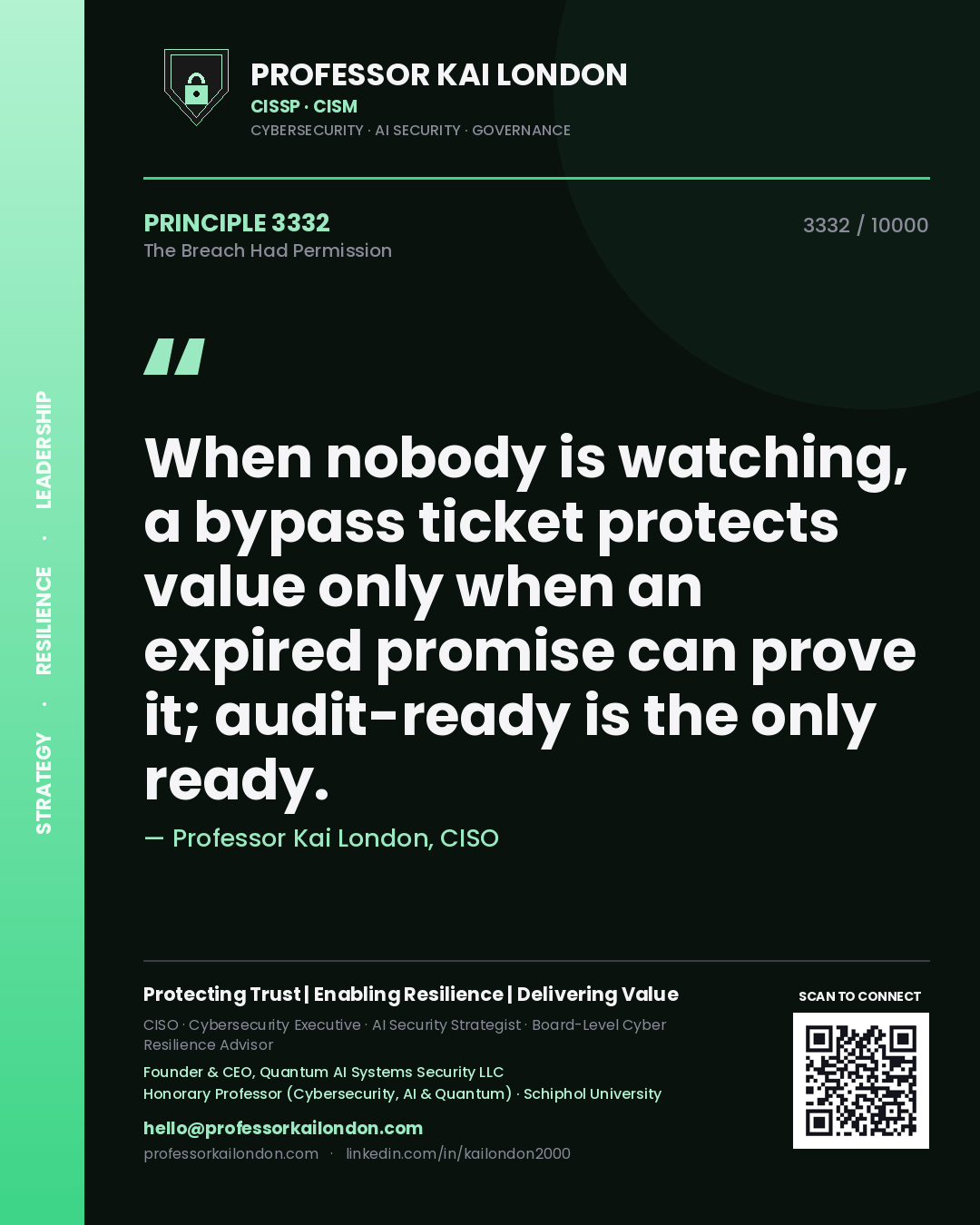 Quote card by Professor Kai London reading 'When nobody is watching, a bypass ticket protects value only when an expired promise can prove it; audit-ready is the only ready.'. From the book The Breach Had Permission.