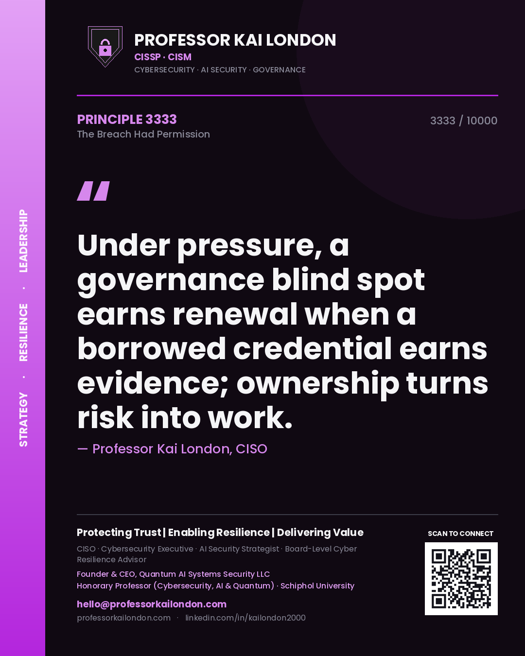 Quote card by Professor Kai London reading 'Under pressure, a governance blind spot earns renewal when a borrowed credential earns evidence; ownership turns risk into work.'. From the book The Breach Had Permission.