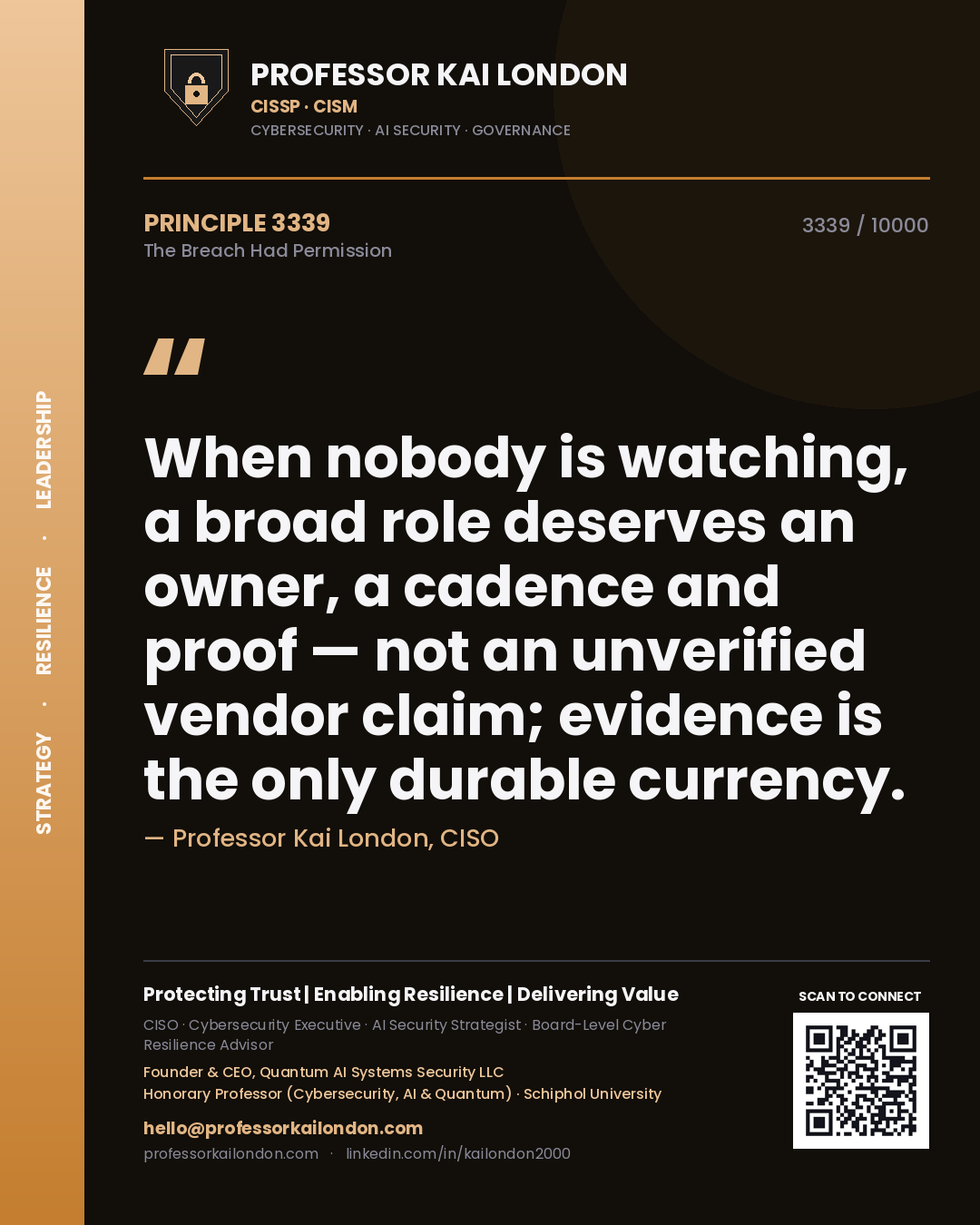 Professor Kai London principle 3339: When nobody is watching, a broad role deserves an owner, a cadence and proof — not an unverified vendor claim; evidence is the only durable currency.