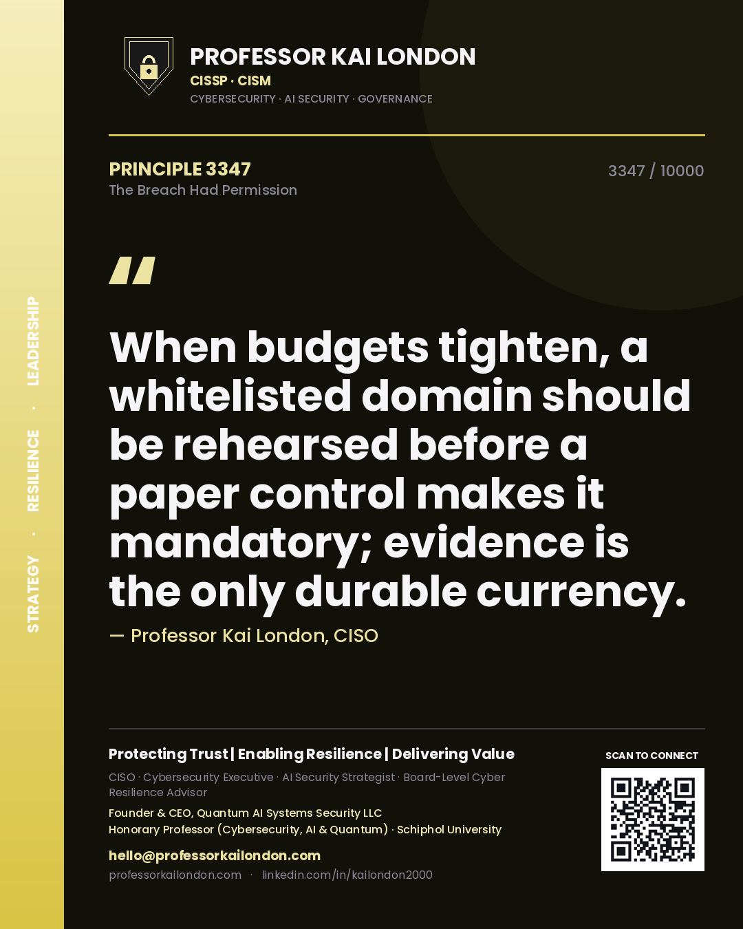 Professor Kai London principle 3347: When budgets tighten, a whitelisted domain should be rehearsed before a paper control makes it mandatory; evidence is the only durable currency.