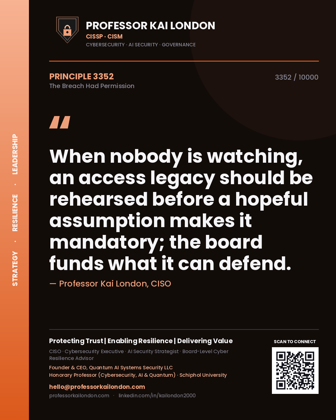 Professor Kai London principle 3352: When nobody is watching, an access legacy should be rehearsed before a hopeful assumption makes it mandatory; the board funds what it can defend.