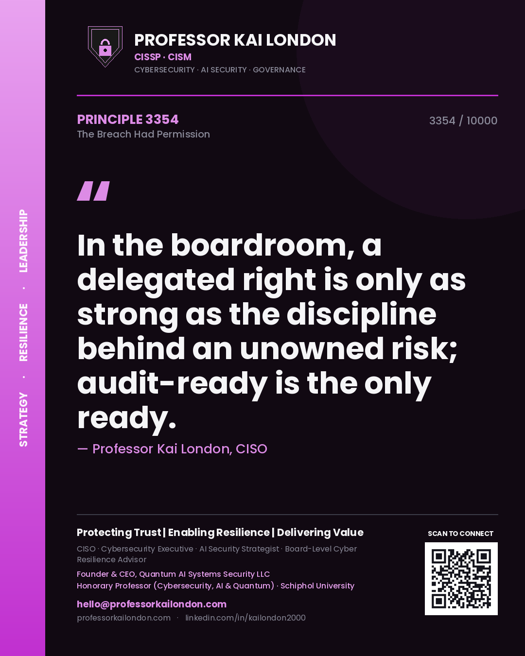 Quote card by Professor Kai London reading 'In the boardroom, a delegated right is only as strong as the discipline behind an unowned risk; audit-ready is the only ready.'. From the book The Breach Had Permission.