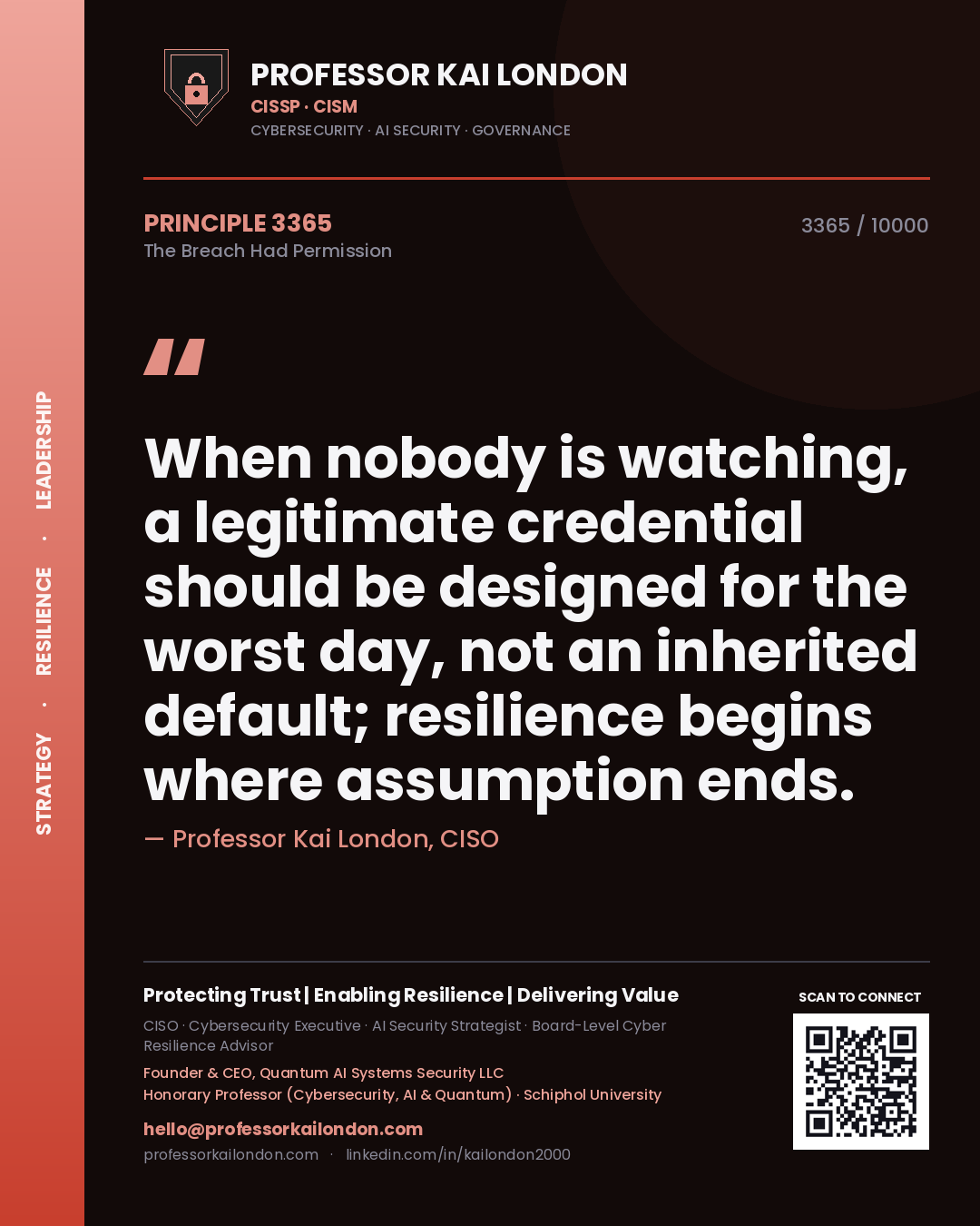 Quote card by Professor Kai London reading 'When nobody is watching, a legitimate credential should be designed for the worst day, not an inherited default; resilience begins where assumption ends.'. From the book The Breach Had Permission.