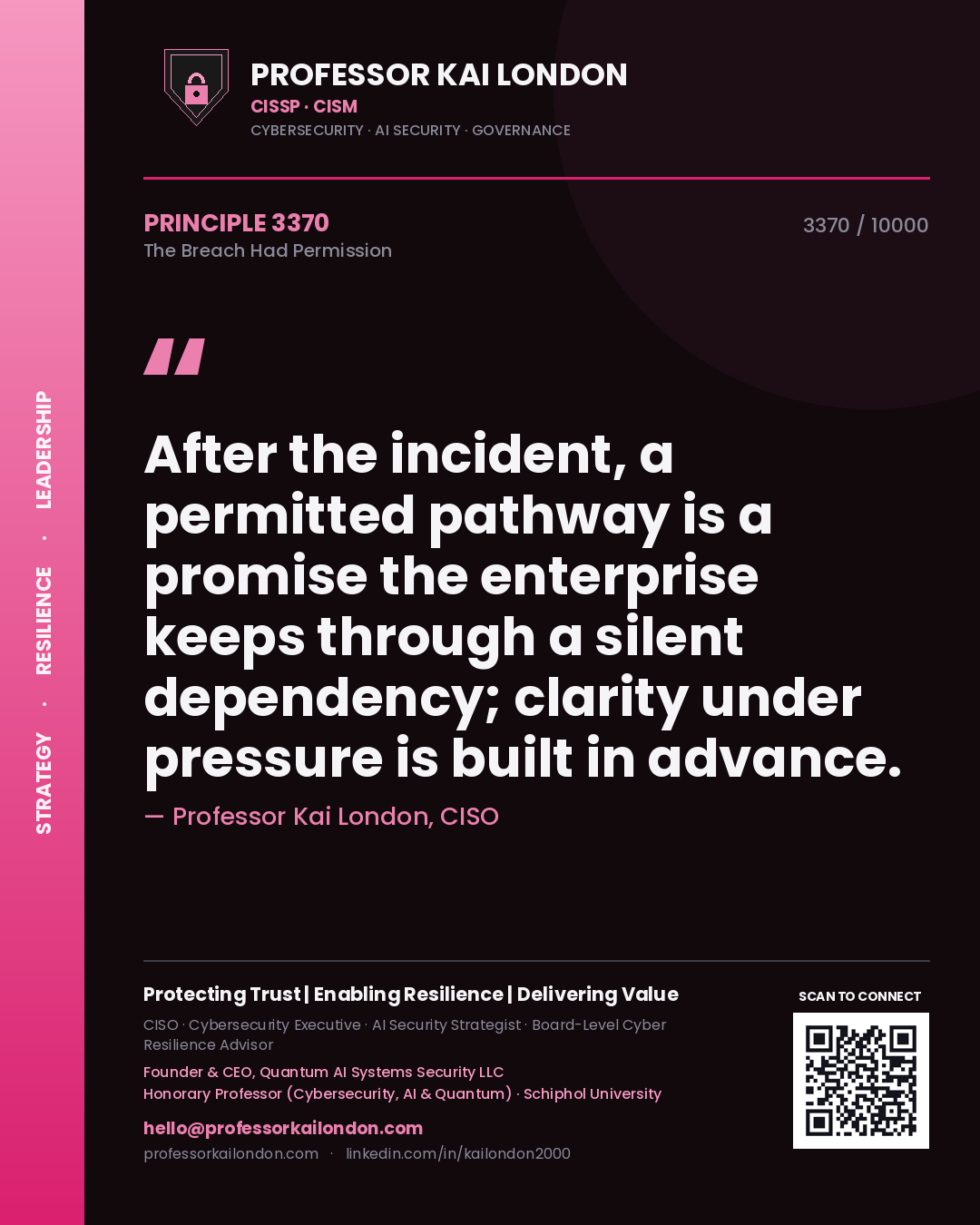 Professor Kai London principle 3370: After the incident, a permitted pathway is a promise the enterprise keeps through a silent dependency; clarity under pressure is built in advance.