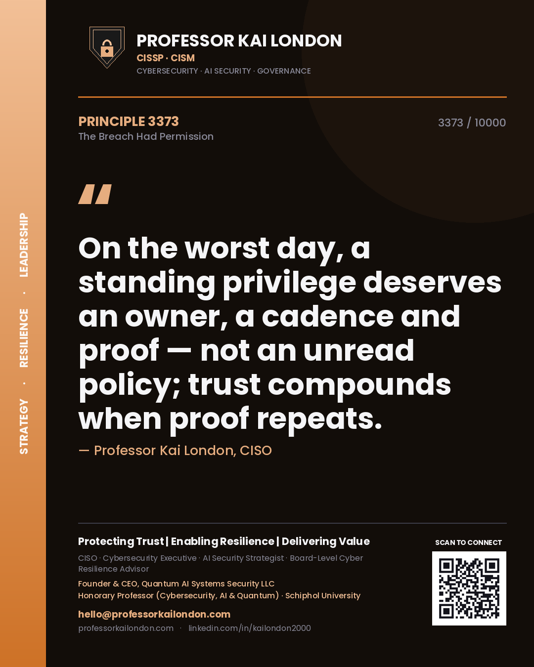 Professor Kai London principle 3373: On the worst day, a standing privilege deserves an owner, a cadence and proof — not an unread policy; trust compounds when proof repeats.