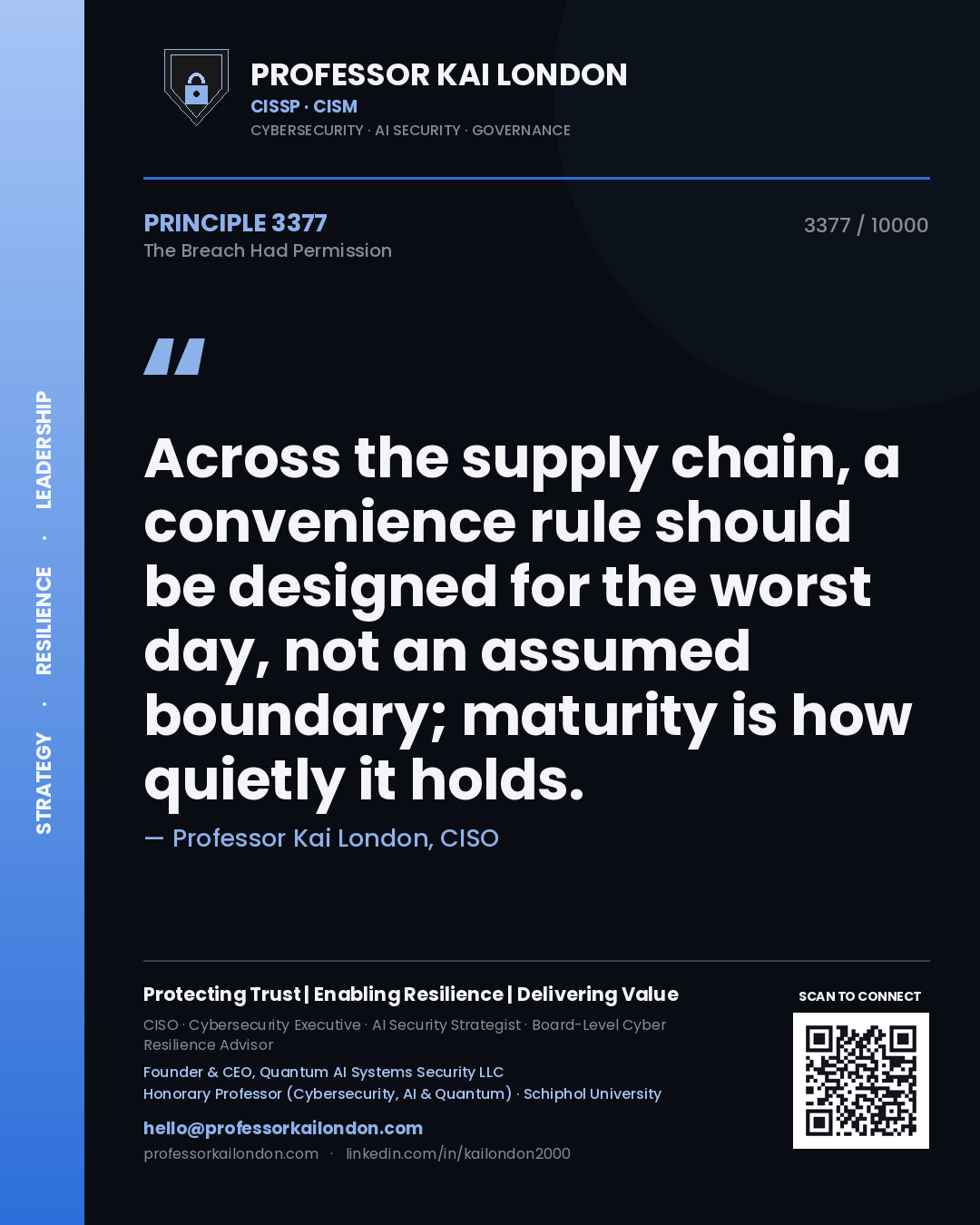 Quote card by Professor Kai London reading 'Across the supply chain, a convenience rule should be designed for the worst day, not an assumed boundary; maturity is how quietly it holds.'. From the book The Breach Had Permission.