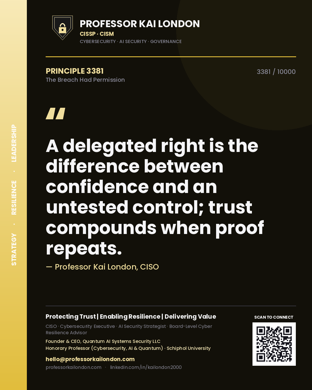 Professor Kai London principle 3381: A delegated right is the difference between confidence and an untested control; trust compounds when proof repeats.