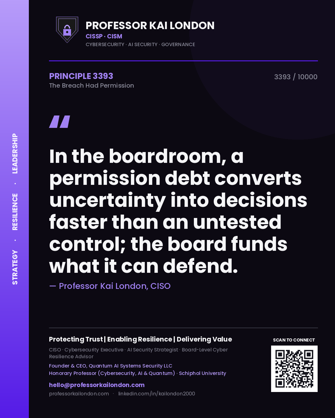 Professor Kai London principle 3393: In the boardroom, a permission debt converts uncertainty into decisions faster than an untested control; the board funds what it can defend.