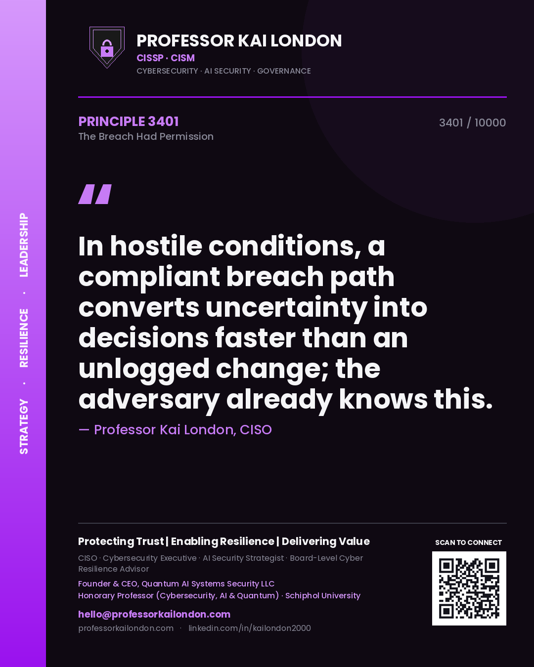 Quote card by Professor Kai London reading 'In hostile conditions, a compliant breach path converts uncertainty into decisions faster than an unlogged change; the adversary already knows this.'. From the book The Breach Had Permission.
