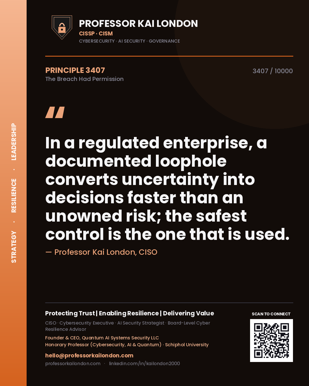 Quote card by Professor Kai London reading 'In a regulated enterprise, a documented loophole converts uncertainty into decisions faster than an unowned risk; the safest control is the one that is used.'. From the book The Breach Had Permission.