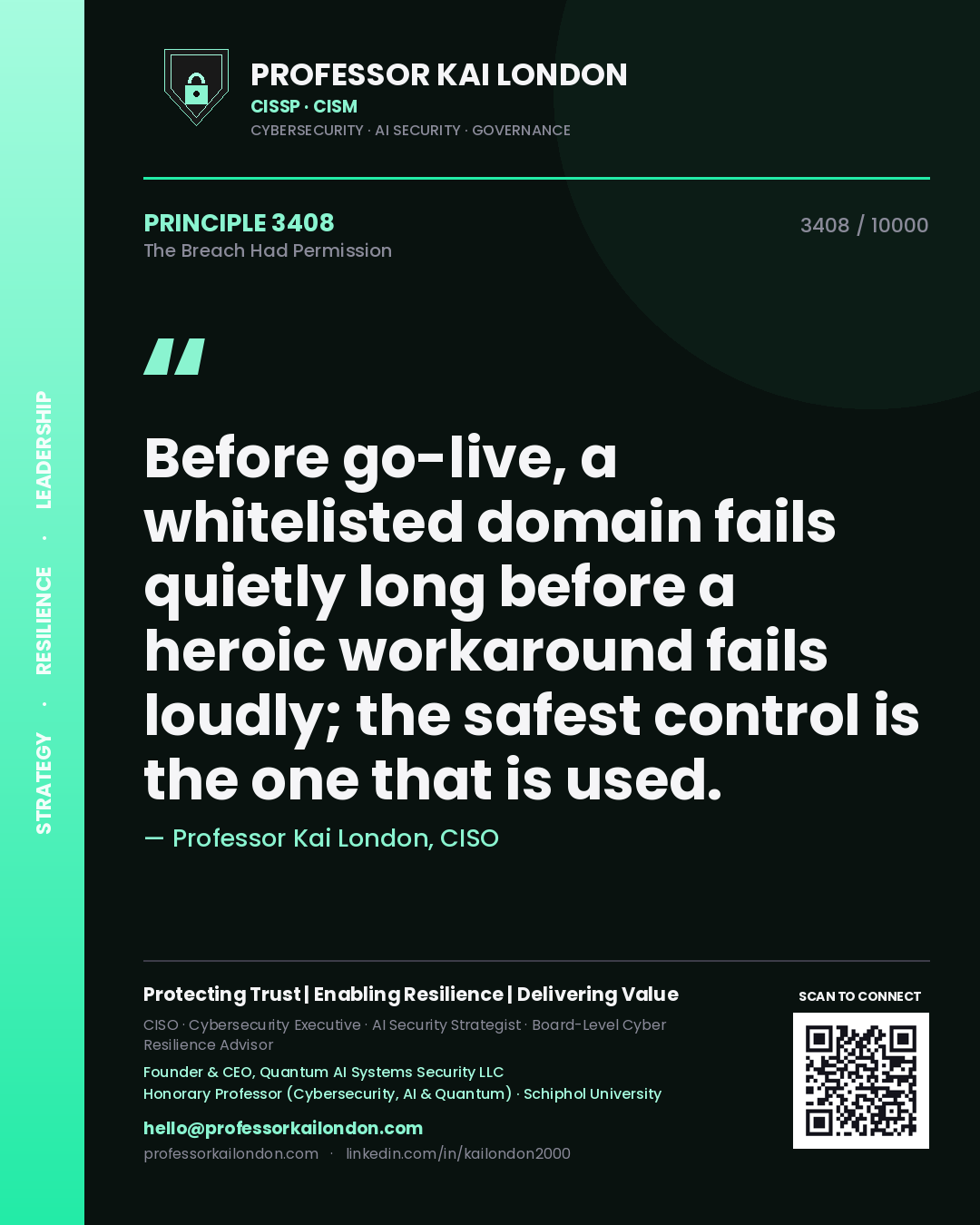 Professor Kai London principle 3408: Before go-live, a whitelisted domain fails quietly long before a heroic workaround fails loudly; the safest control is the one that is used.