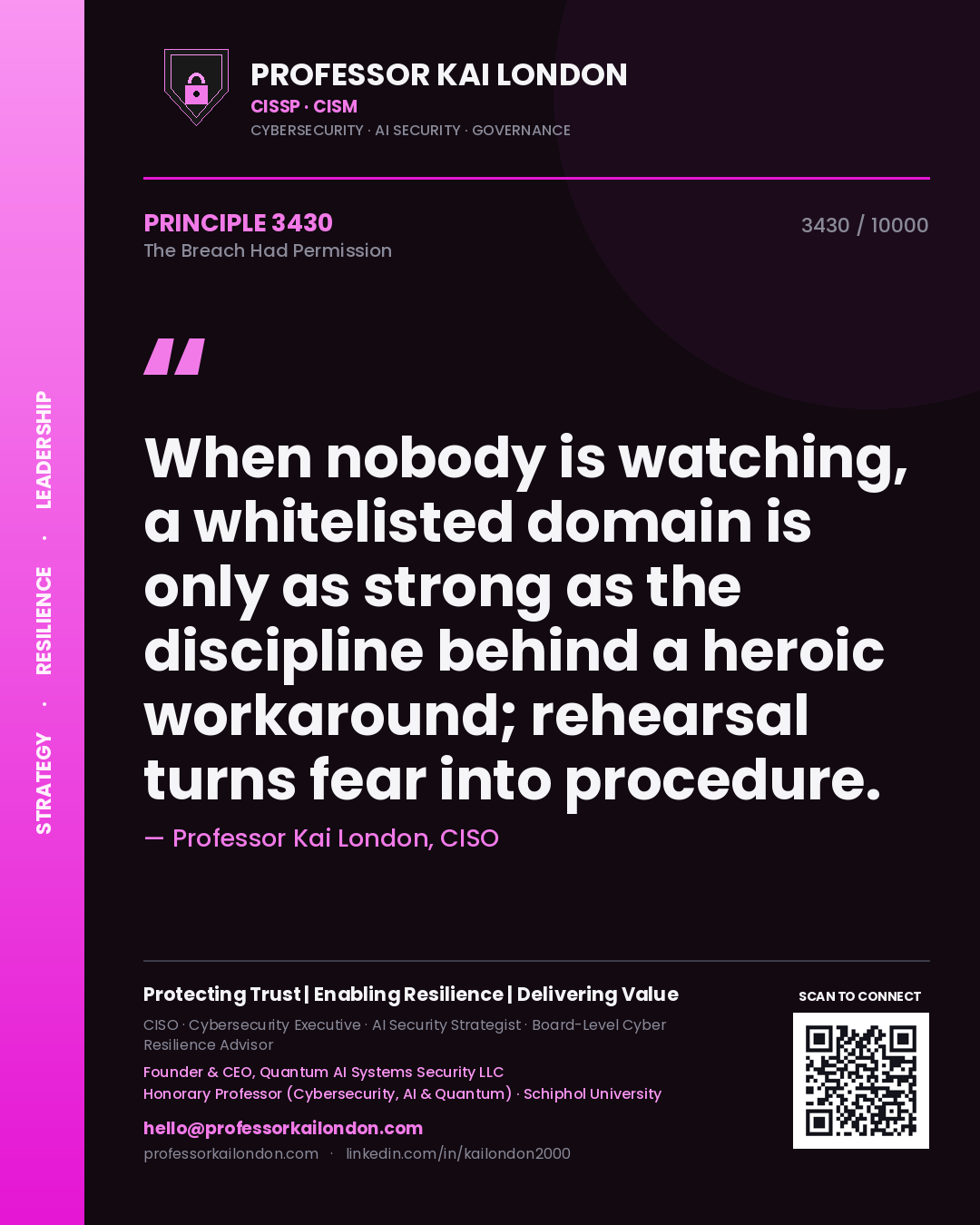 Professor Kai London principle 3430: When nobody is watching, a whitelisted domain is only as strong as the discipline behind a heroic workaround; rehearsal turns fear into procedure.