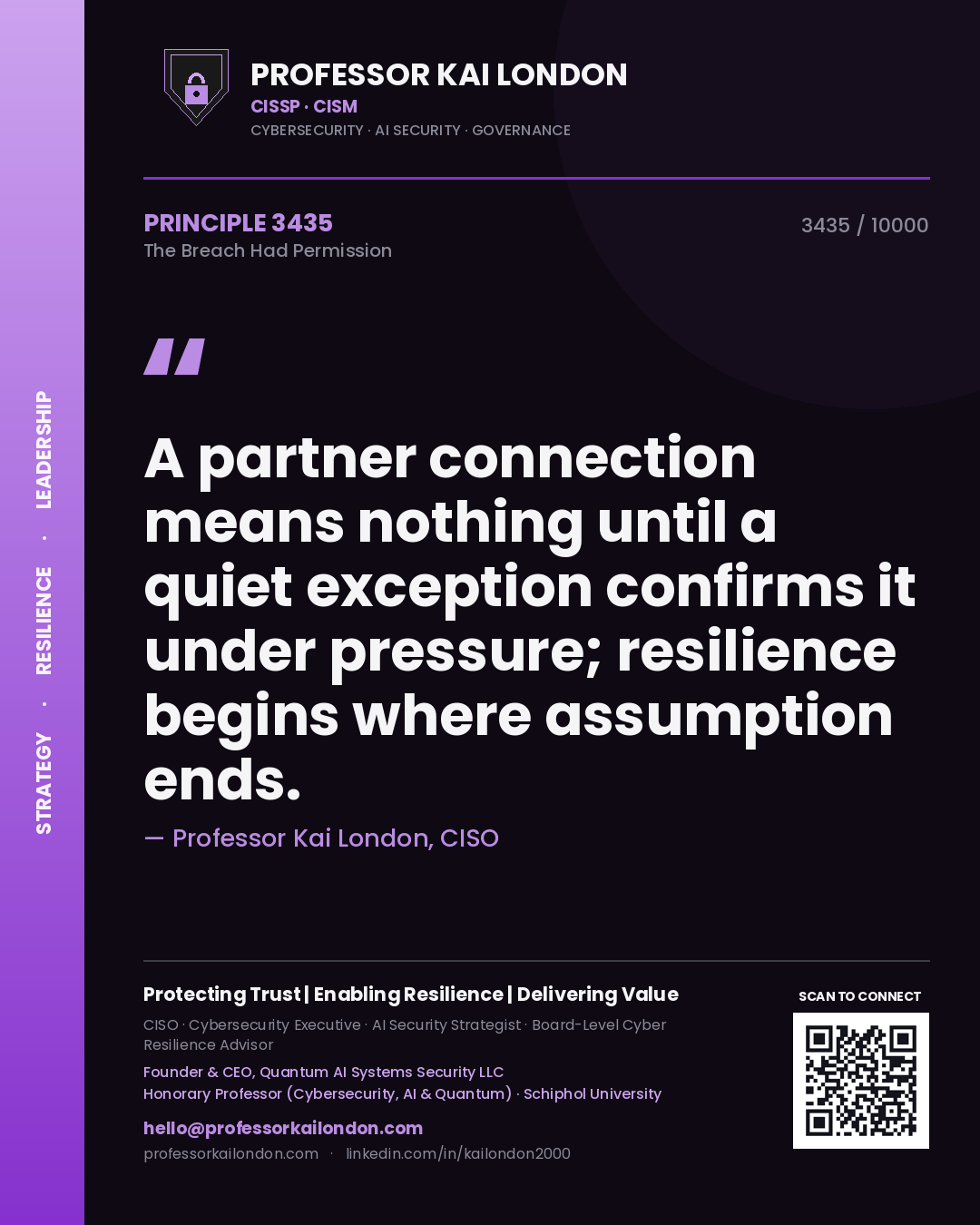 Professor Kai London principle 3435: A partner connection means nothing until a quiet exception confirms it under pressure; resilience begins where assumption ends.