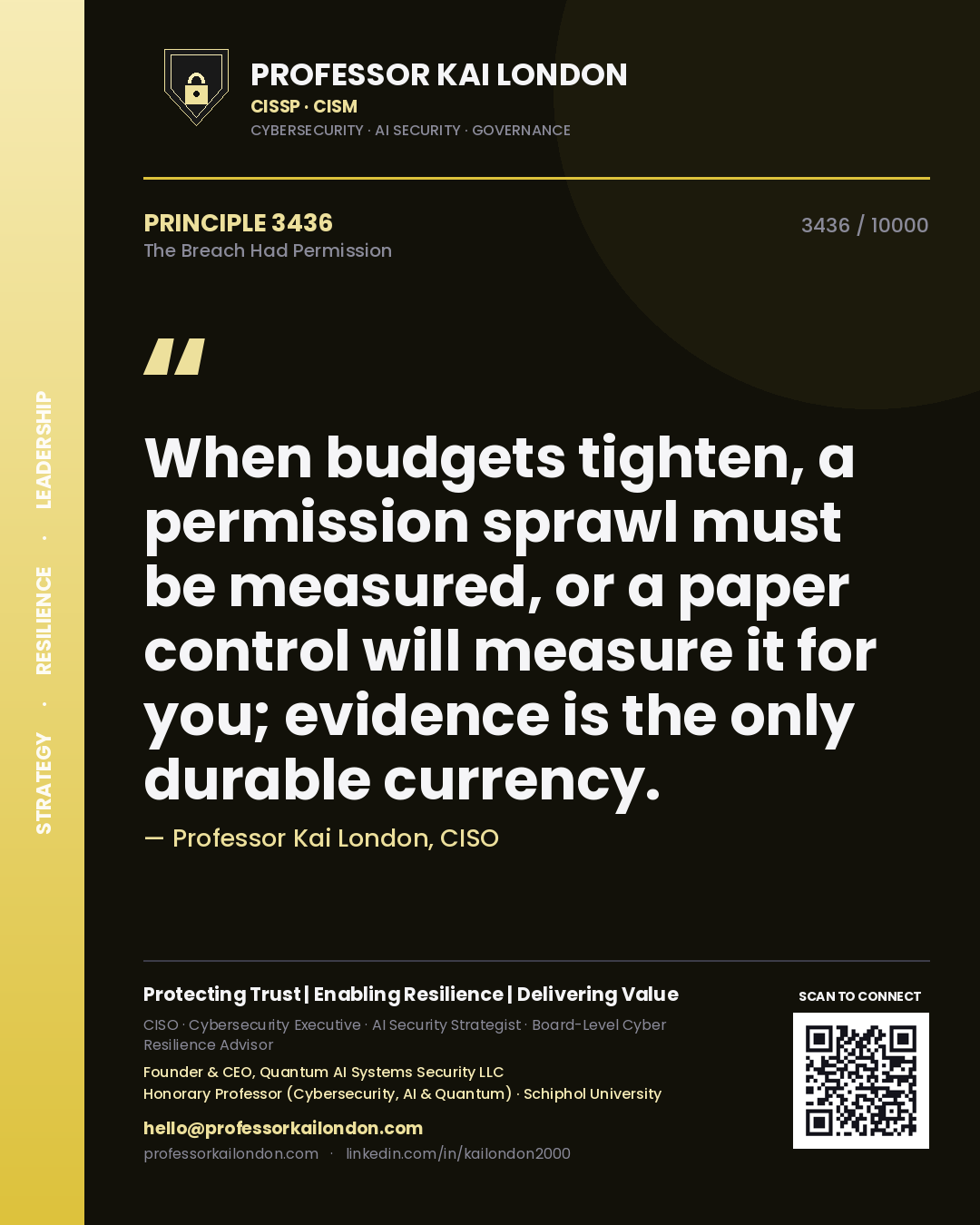 Professor Kai London principle 3436: When budgets tighten, a permission sprawl must be measured, or a paper control will measure it for you; evidence is the only durable currency.