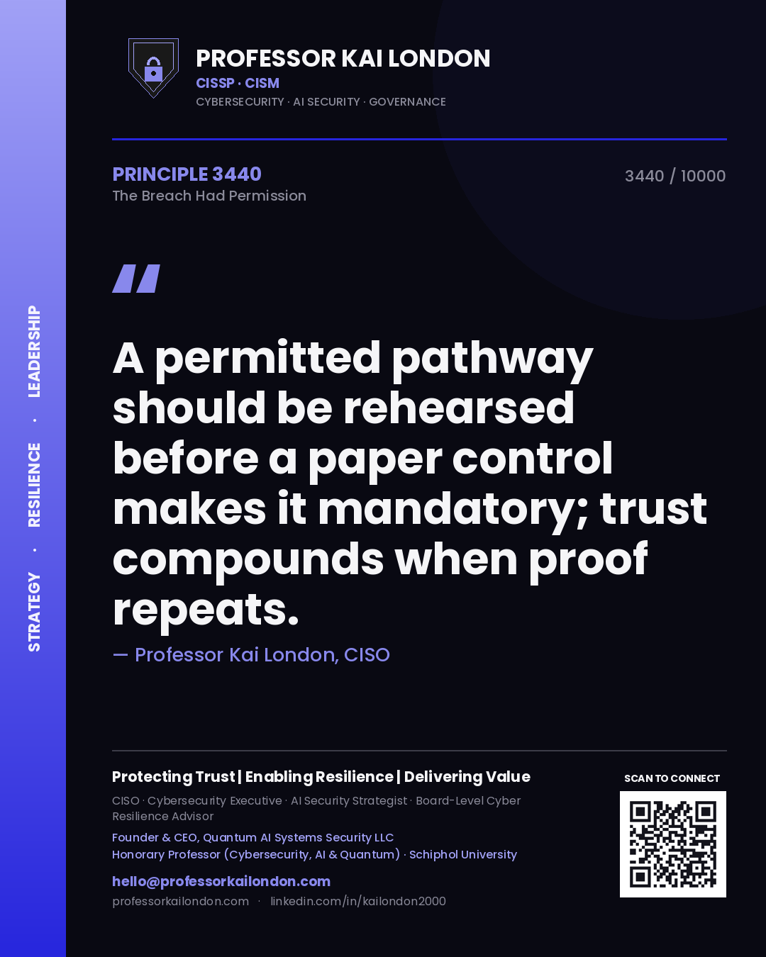 Professor Kai London principle 3440: A permitted pathway should be rehearsed before a paper control makes it mandatory; trust compounds when proof repeats.