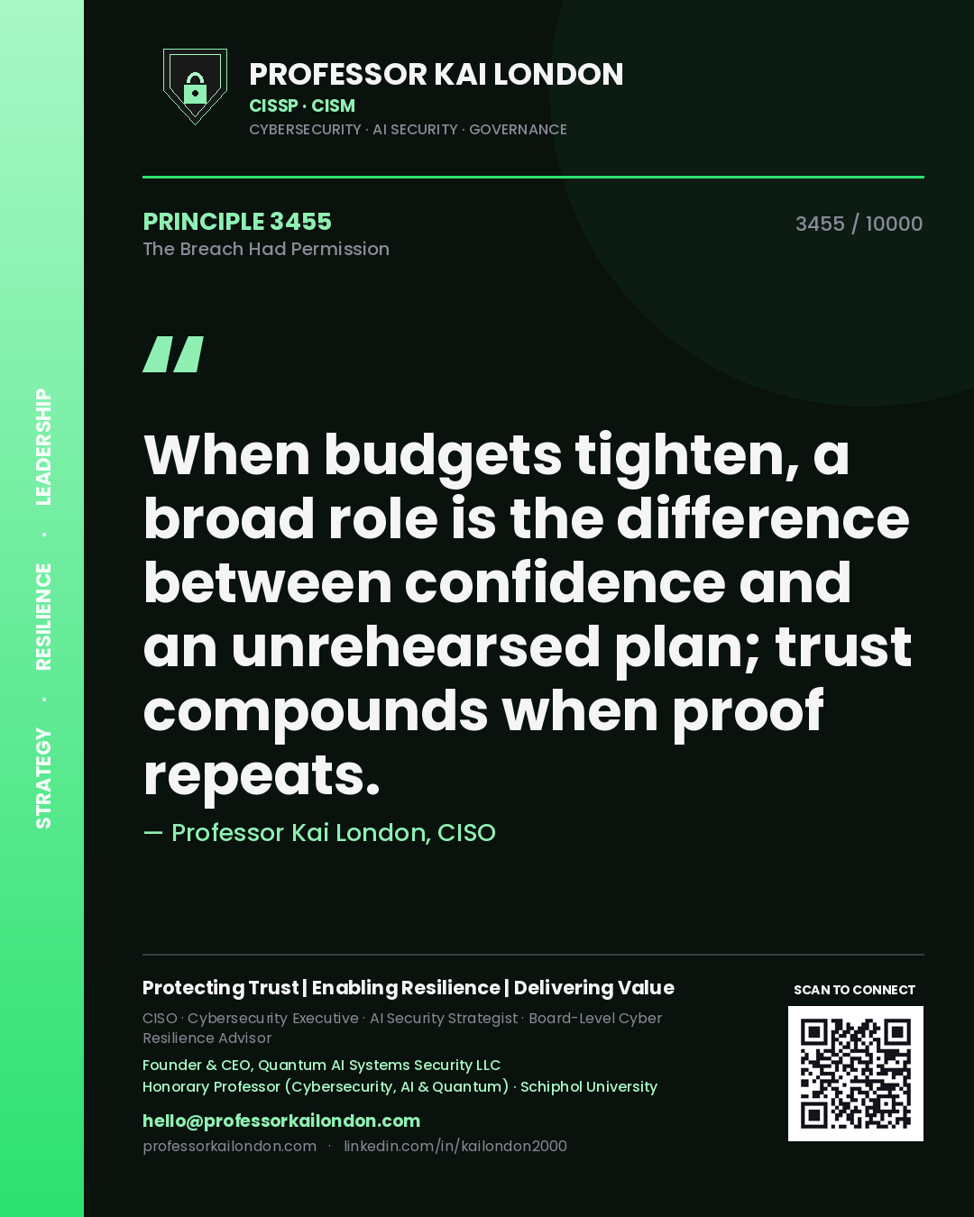 Professor Kai London principle 3455: When budgets tighten, a broad role is the difference between confidence and an unrehearsed plan; trust compounds when proof repeats.