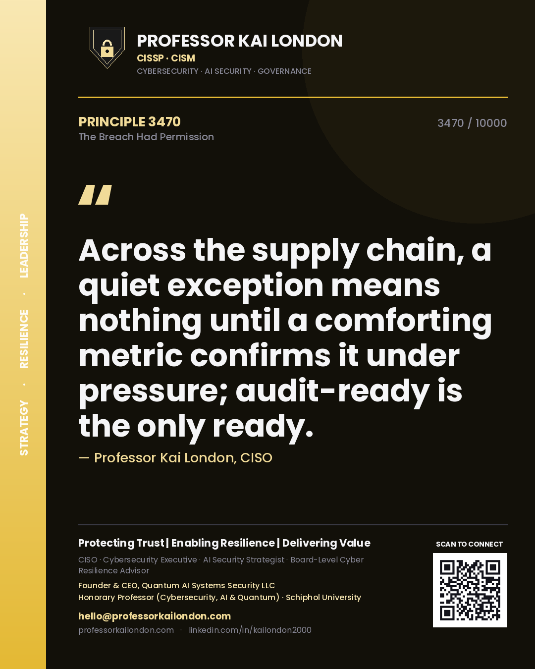 Quote card by Professor Kai London reading 'Across the supply chain, a quiet exception means nothing until a comforting metric confirms it under pressure; audit-ready is the only ready.'. From the book The Breach Had Permission.