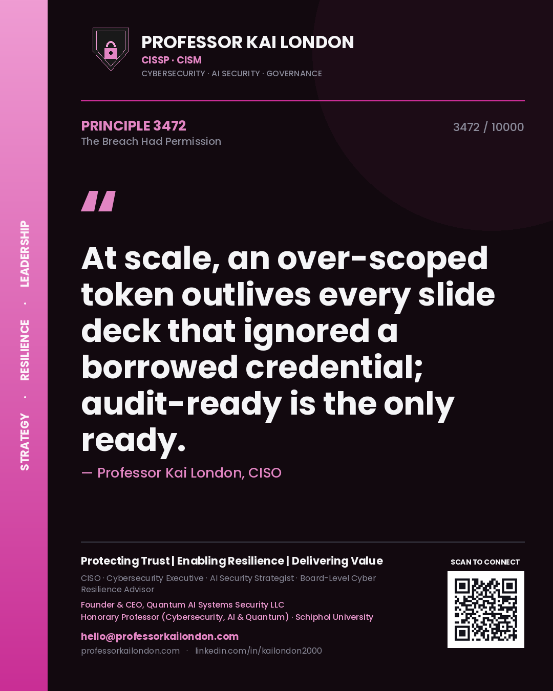 Quote card by Professor Kai London reading 'At scale, an over-scoped token outlives every slide deck that ignored a borrowed credential; audit-ready is the only ready.'. From the book The Breach Had Permission.