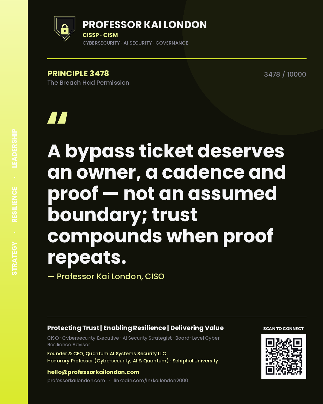 Professor Kai London principle 3478: A bypass ticket deserves an owner, a cadence and proof — not an assumed boundary; trust compounds when proof repeats.