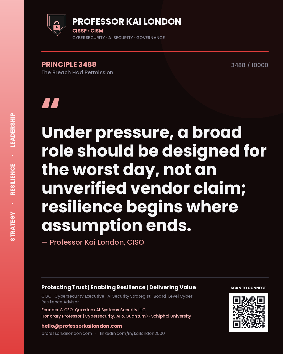 Professor Kai London principle 3488: Under pressure, a broad role should be designed for the worst day, not an unverified vendor claim; resilience begins where assumption ends.
