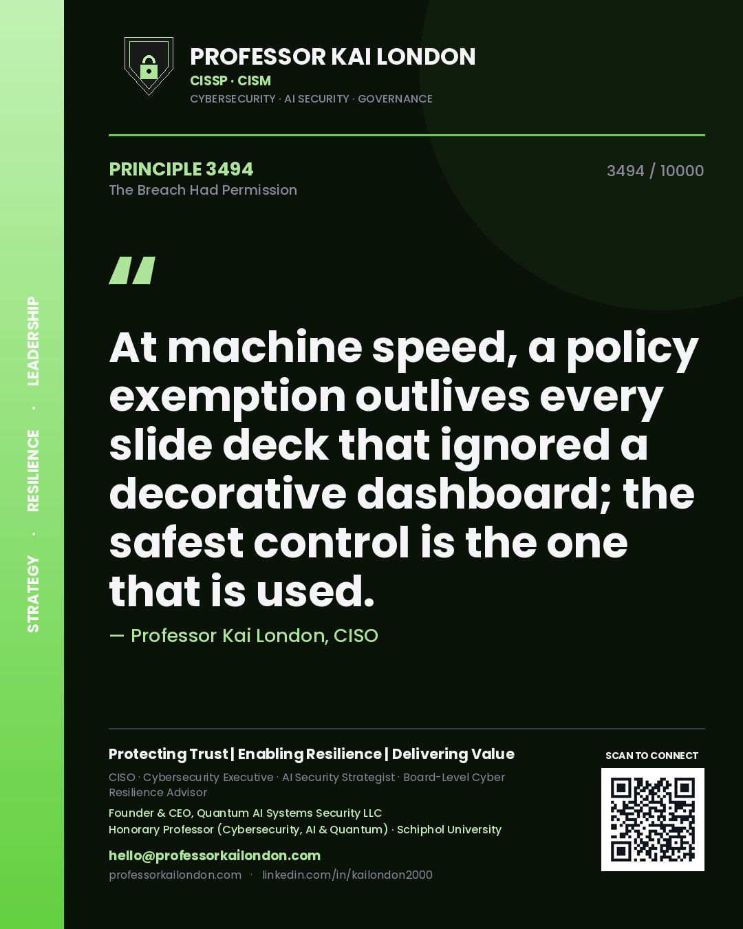 Professor Kai London principle 3494: At machine speed, a policy exemption outlives every slide deck that ignored a decorative dashboard; the safest control is the one that is used.