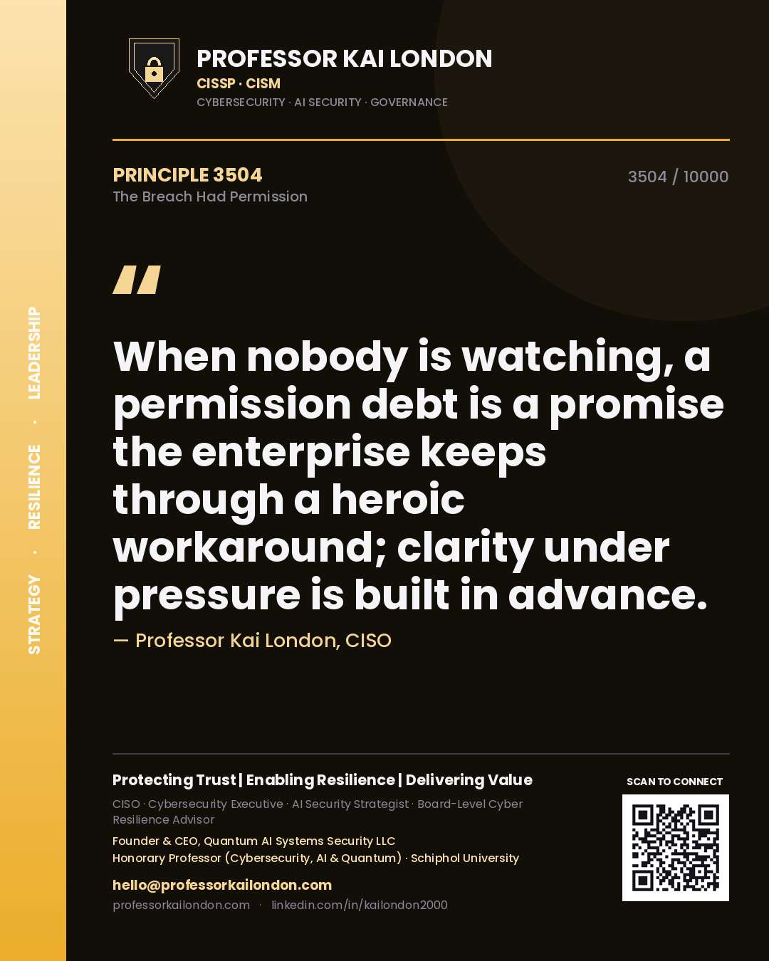 Professor Kai London principle 3504: When nobody is watching, a permission debt is a promise the enterprise keeps through a heroic workaround; clarity under pressure is built in advance.