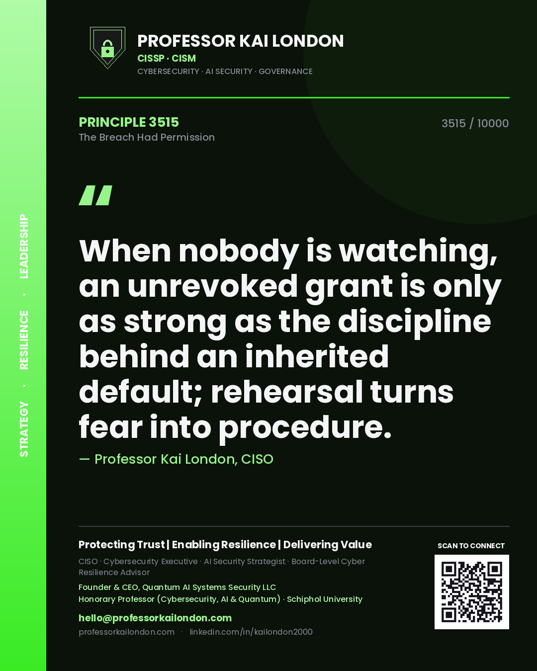 Professor Kai London principle 3515: When nobody is watching, an unrevoked grant is only as strong as the discipline behind an inherited default; rehearsal turns fear into procedure.