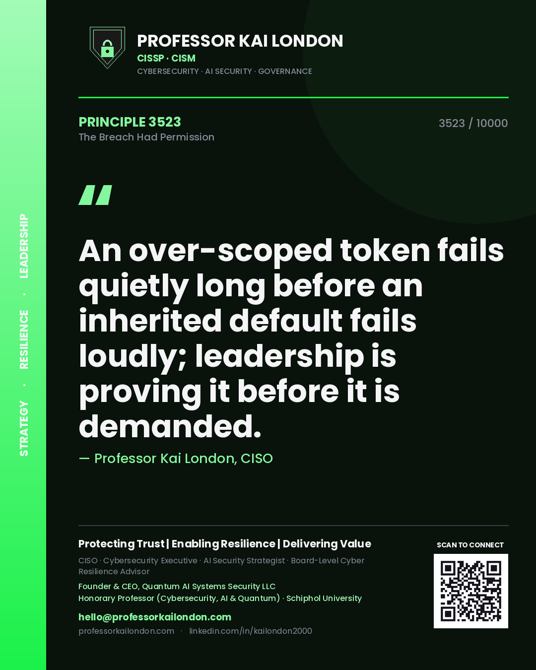 Professor Kai London principle 3523: An over-scoped token fails quietly long before an inherited default fails loudly; leadership is proving it before it is demanded.