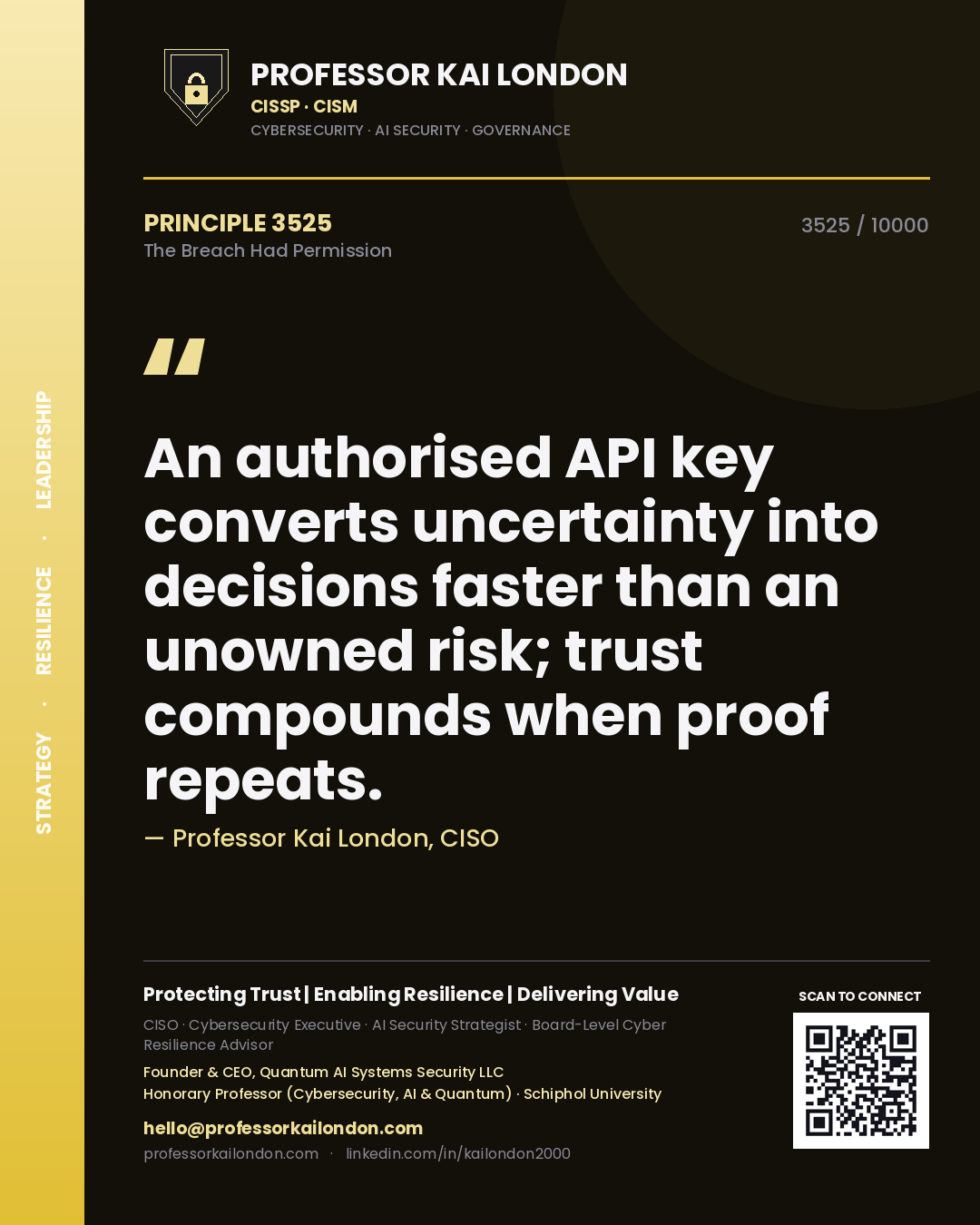 Professor Kai London principle 3525: An authorised API key converts uncertainty into decisions faster than an unowned risk; trust compounds when proof repeats.