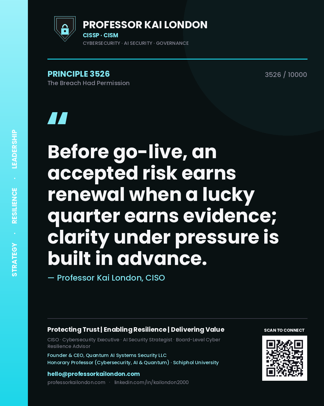 Professor Kai London principle 3526: Before go-live, an accepted risk earns renewal when a lucky quarter earns evidence; clarity under pressure is built in advance.