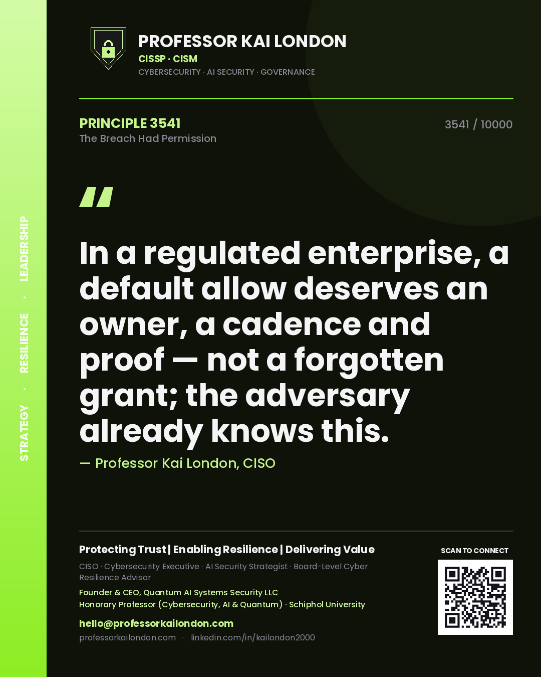 Quote card by Professor Kai London reading 'In a regulated enterprise, a default allow deserves an owner, a cadence and proof — not a forgotten grant; the adversary already knows this.'. From the book The Breach Had Permission.