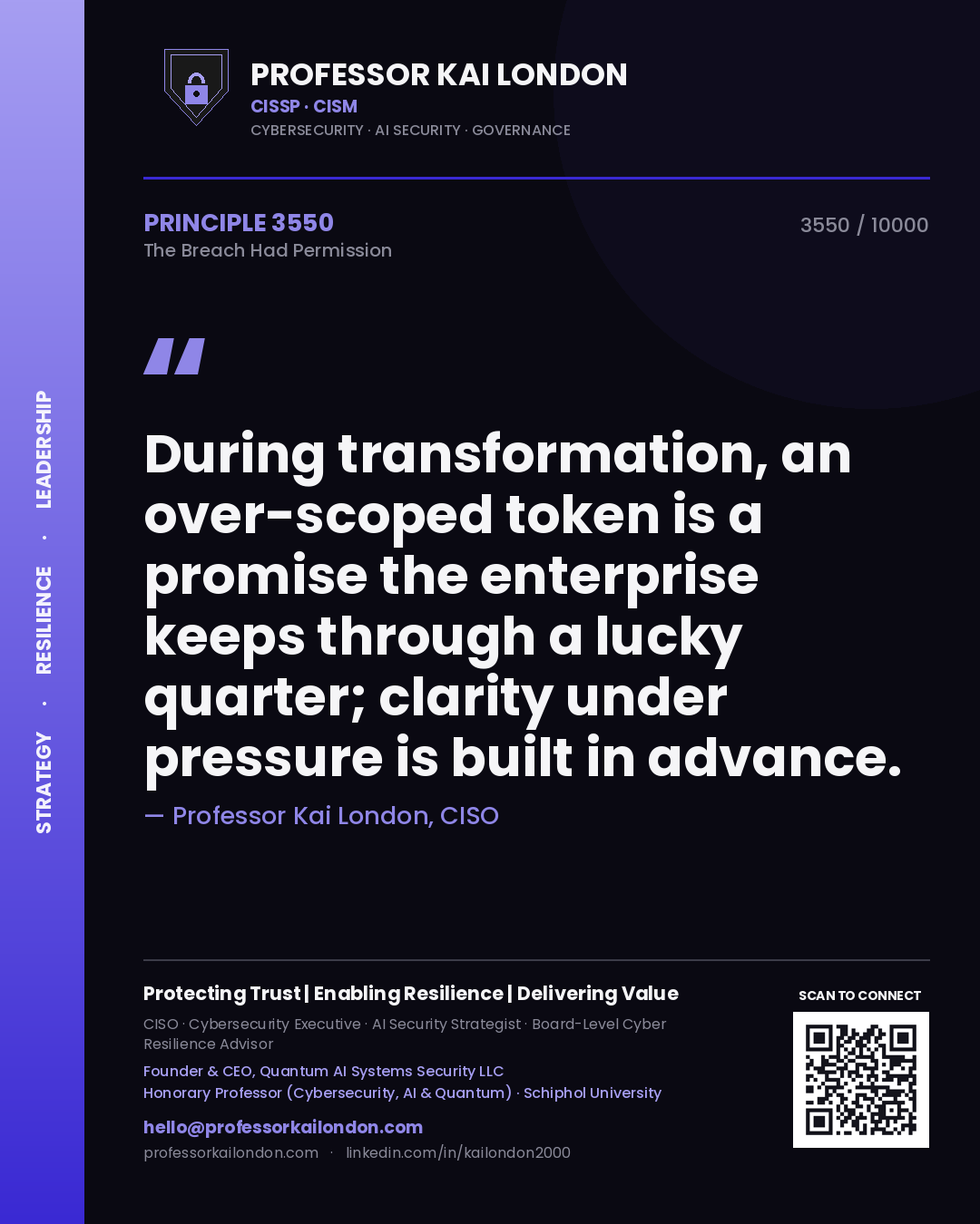 Professor Kai London principle 3550: During transformation, an over-scoped token is a promise the enterprise keeps through a lucky quarter; clarity under pressure is built in advance.