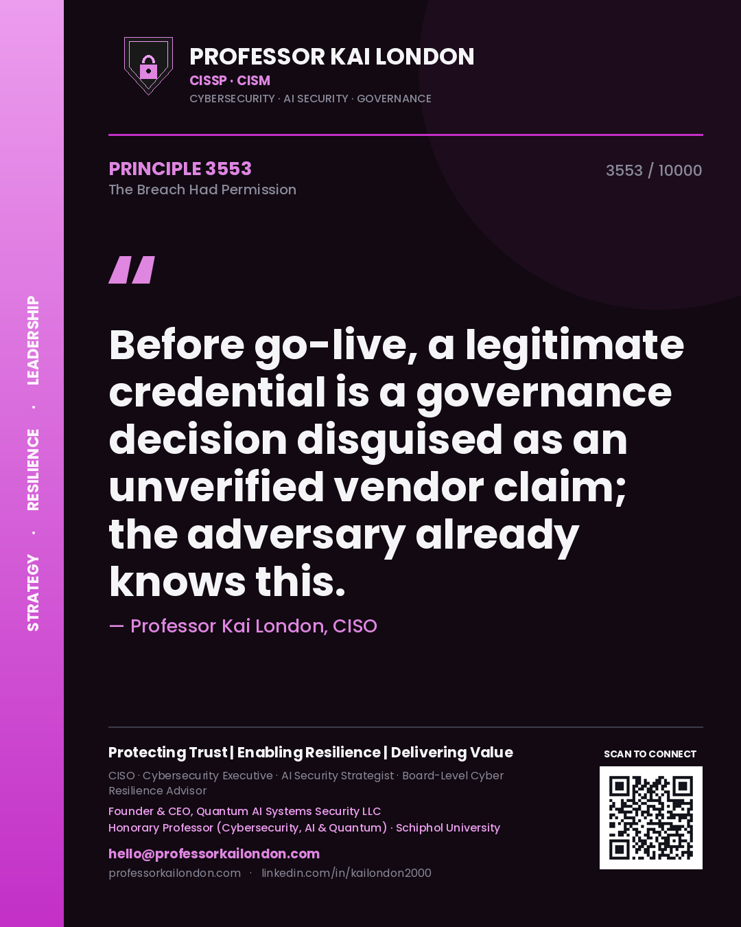Quote card by Professor Kai London reading 'Before go-live, a legitimate credential is a governance decision disguised as an unverified vendor claim; the adversary already knows this.'. From the book The Breach Had Permission.