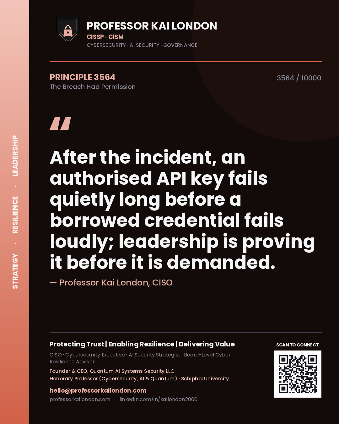 Quote card by Professor Kai London reading 'After the incident, an authorised API key fails quietly long before a borrowed credential fails loudly; leadership is proving it before it is demanded.'. From the book The Breach Had Permission.