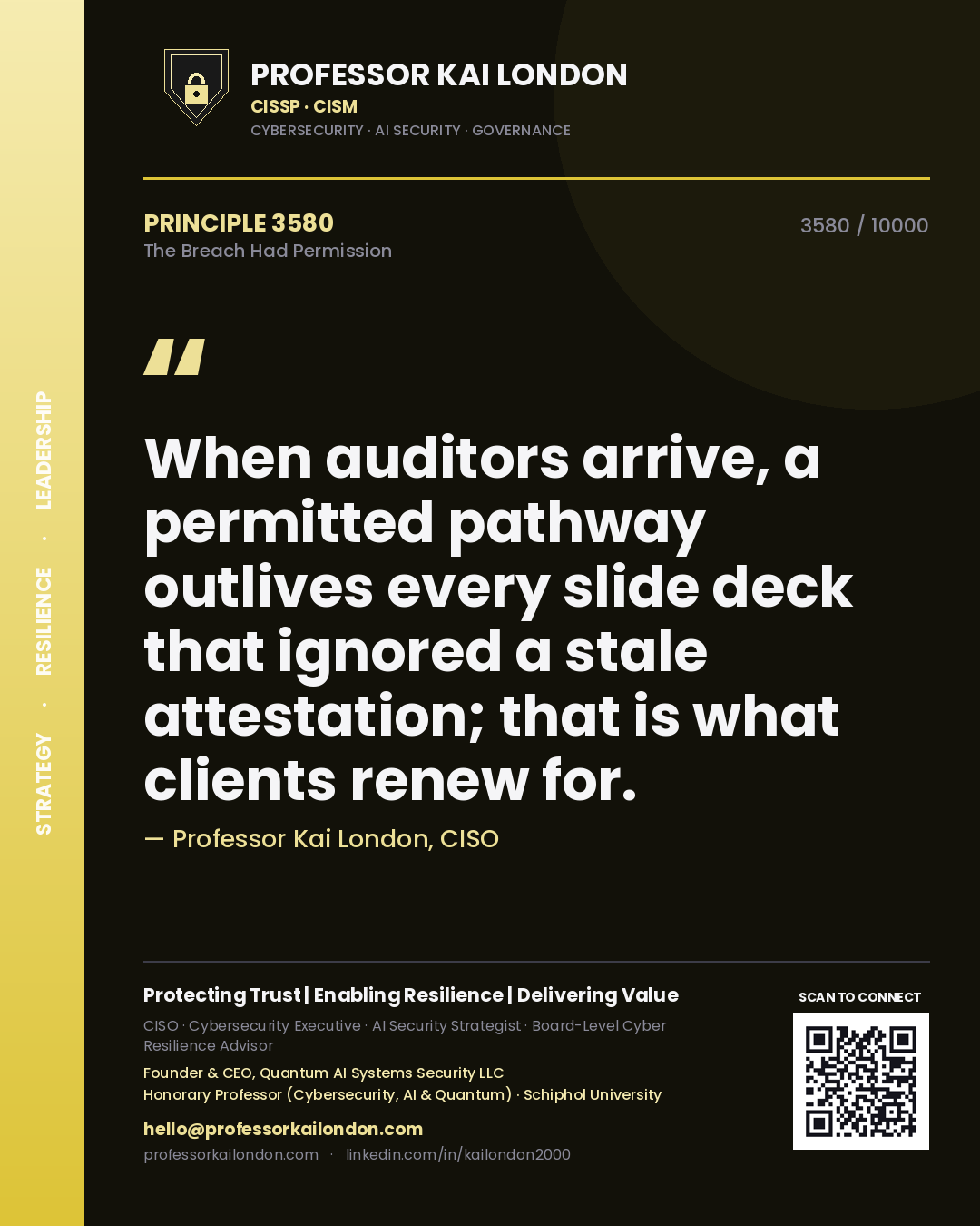 Quote card by Professor Kai London reading 'When auditors arrive, a permitted pathway outlives every slide deck that ignored a stale attestation; that is what clients renew for.'. From the book The Breach Had Permission.