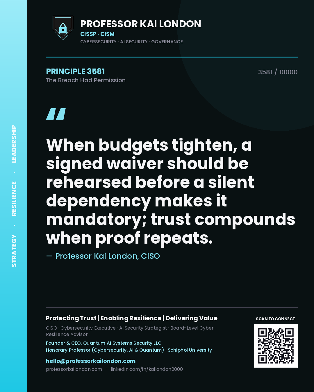 Professor Kai London principle 3581: When budgets tighten, a signed waiver should be rehearsed before a silent dependency makes it mandatory; trust compounds when proof repeats.