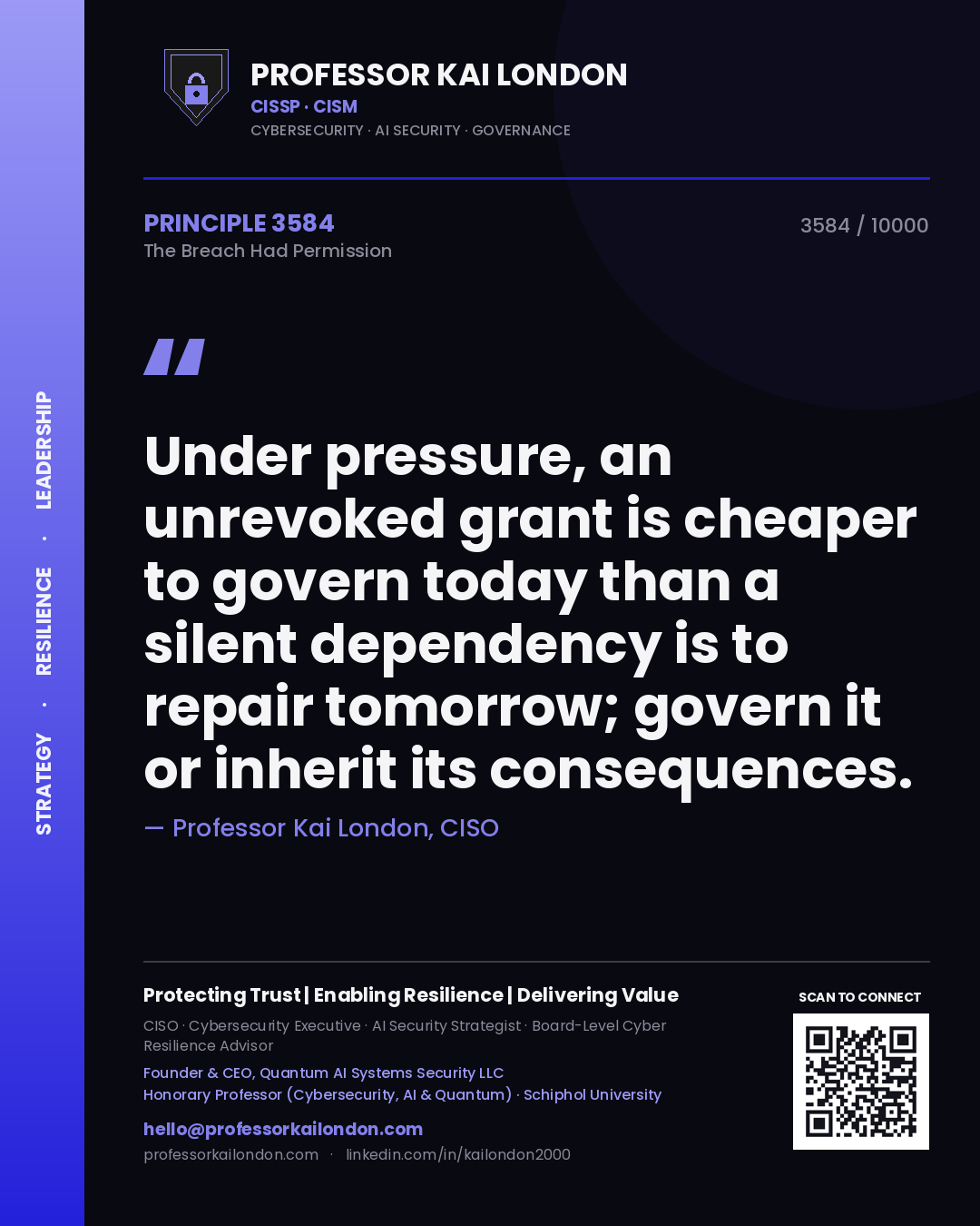 Quote card by Professor Kai London reading 'Under pressure, an unrevoked grant is cheaper to govern today than a silent dependency is to repair tomorrow; govern it or inherit its consequences.'. From the book The Breach Had Permission.