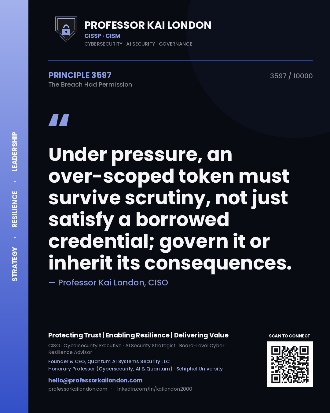 Quote card by Professor Kai London reading 'Under pressure, an over-scoped token must survive scrutiny, not just satisfy a borrowed credential; govern it or inherit its consequences.'. From the book The Breach Had Permission.