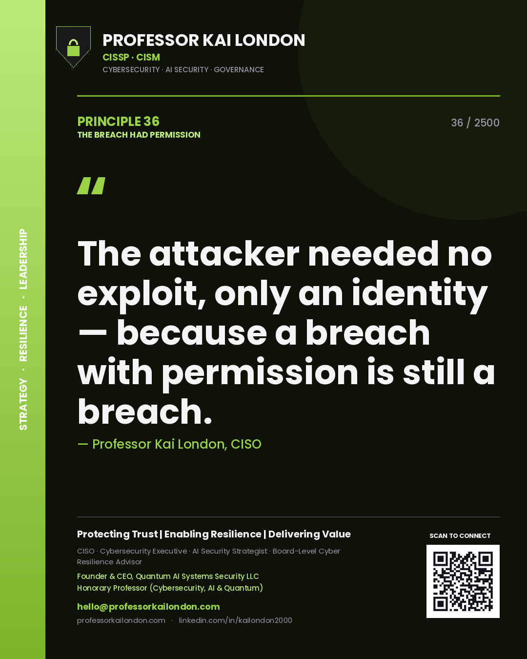 Quote card by Professor Kai London reading 'The attacker needed no exploit, only an identity — because a breach with permission is still a breach.'. From the book The Breach Had Permission.