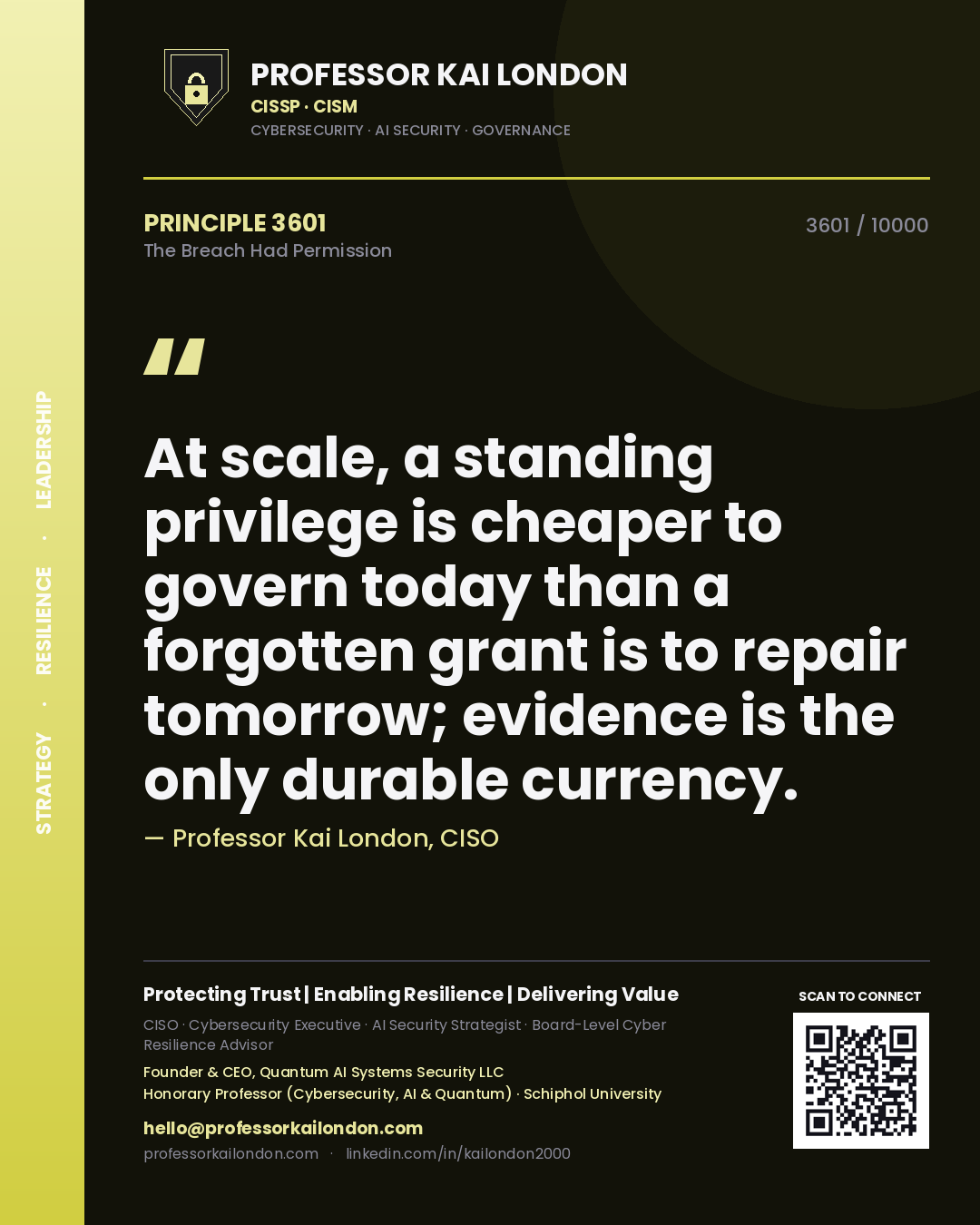 Quote card by Professor Kai London reading 'At scale, a standing privilege is cheaper to govern today than a forgotten grant is to repair tomorrow; evidence is the only durable currency.'. From the book The Breach Had Permission.