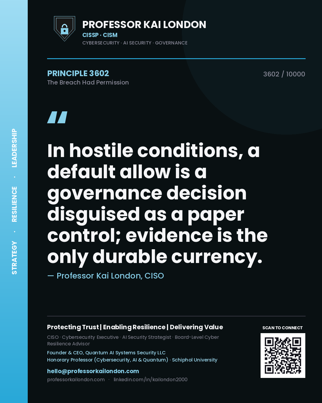 Quote card by Professor Kai London reading 'In hostile conditions, a default allow is a governance decision disguised as a paper control; evidence is the only durable currency.'. From the book The Breach Had Permission.