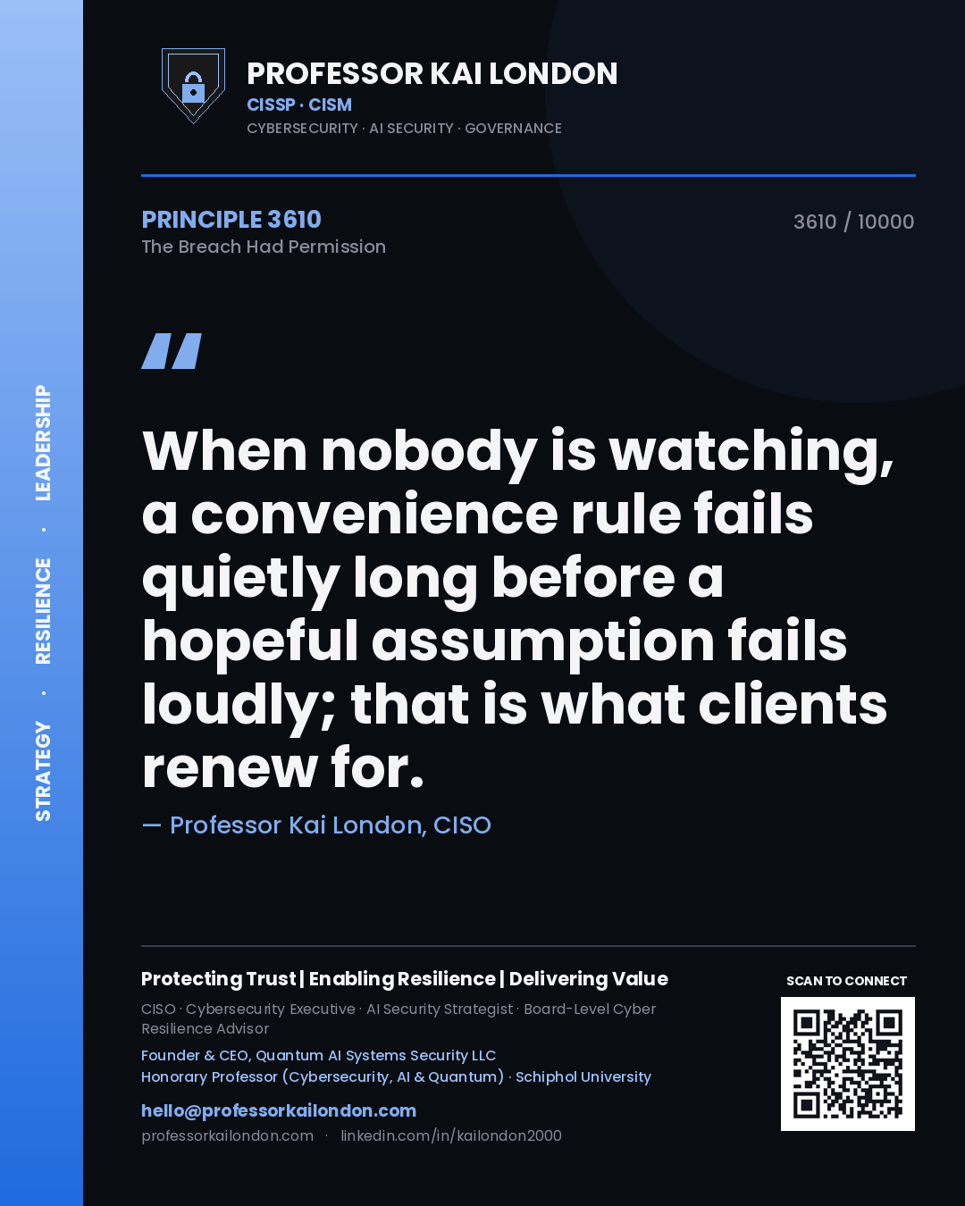 Quote card by Professor Kai London reading 'When nobody is watching, a convenience rule fails quietly long before a hopeful assumption fails loudly; that is what clients renew for.'. From the book The Breach Had Permission.