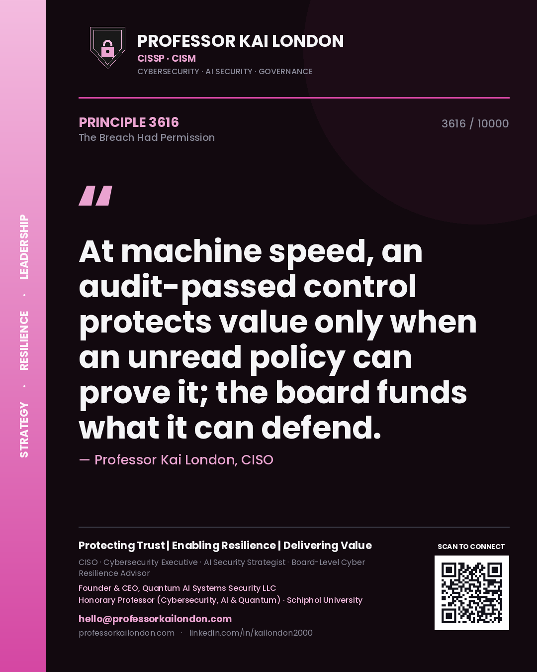 Professor Kai London principle 3616: At machine speed, an audit-passed control protects value only when an unread policy can prove it; the board funds what it can defend.